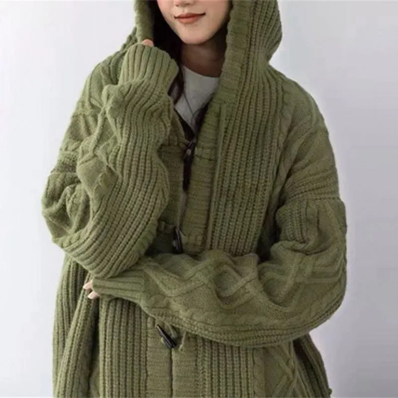 Fashionkova dandy hoodie Retro Green Horn Buckle Twist Sweater Coat for Women Spring and Autumn Loose Lazy Hooded Knitted Cardigan Thickened Upper