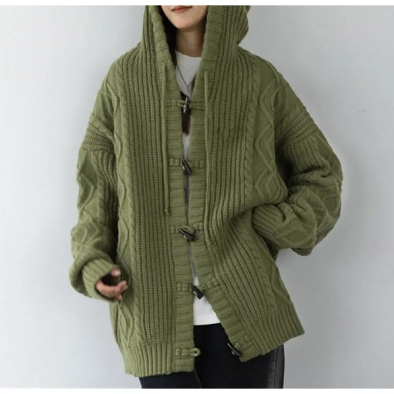 Fashionkova dandy hoodie Retro Green Horn Buckle Twist Sweater Coat for Women Spring and Autumn Loose Lazy Hooded Knitted Cardigan Thickened Upper