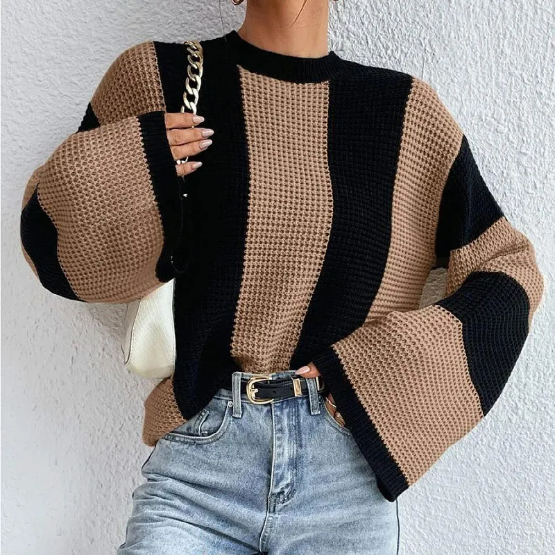 Fashionkova fall outfit men 2024 Autumn and Winter Western Style Knitted Sweater Top round Neck Striped Niche Sweater Coat for Women