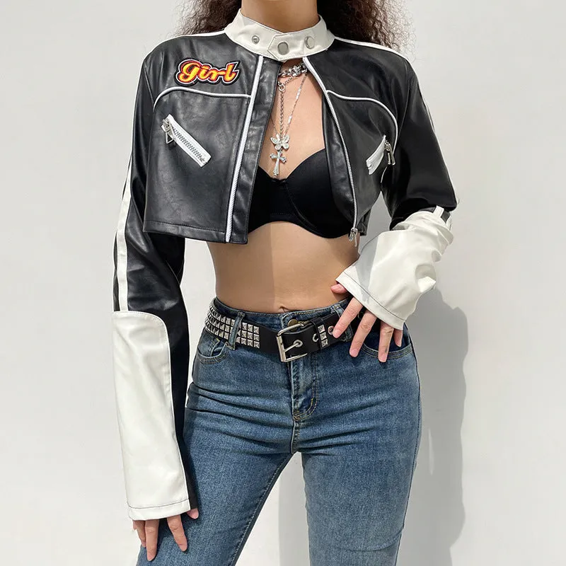 Fashionkova womens fashion Winter Street Hipster Motorcycle Coat Women's Sexy Hot Girl Leather Short Contrast Color Personalized Zipper Leather Coat