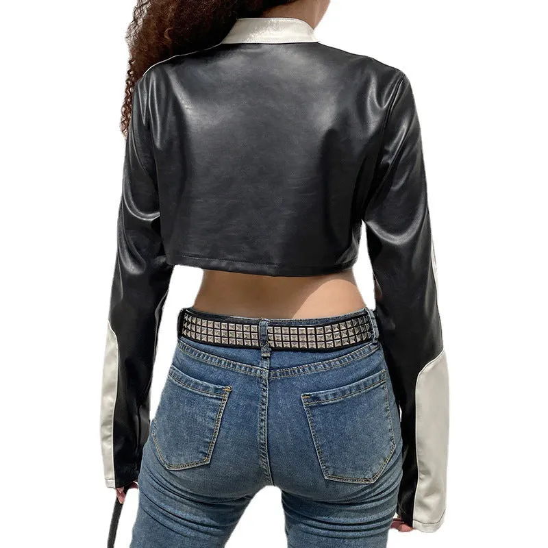 Fashionkova womens fashion Winter Street Hipster Motorcycle Coat Women's Sexy Hot Girl Leather Short Contrast Color Personalized Zipper Leather Coat