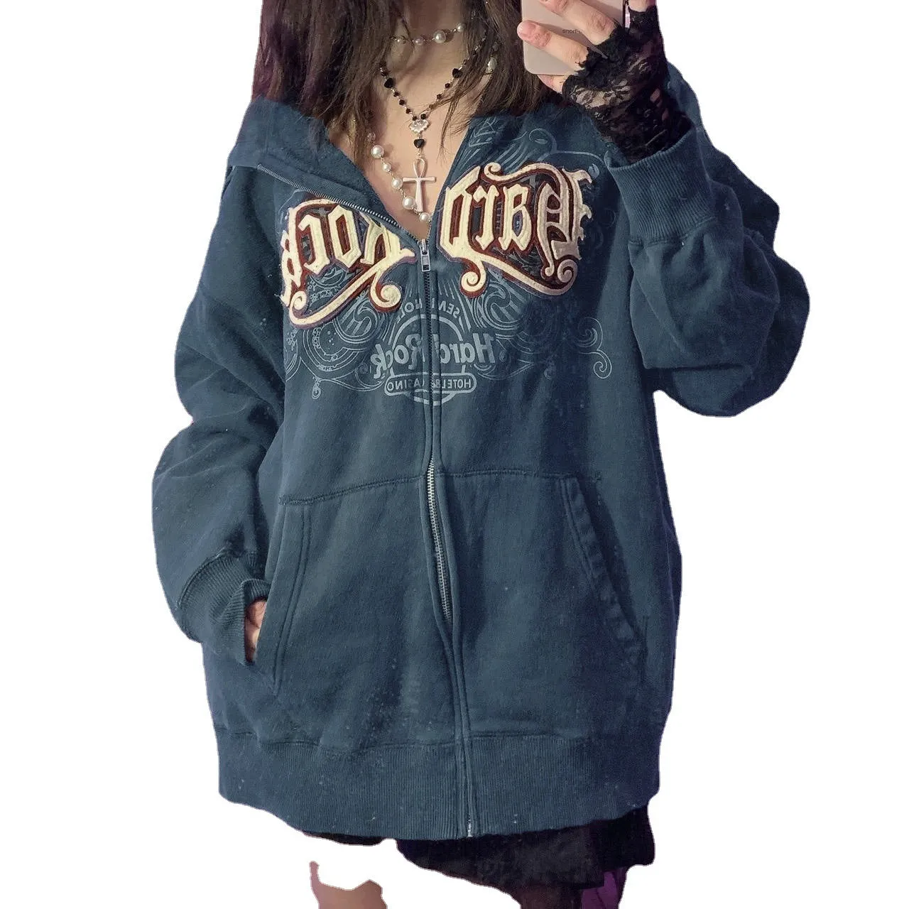 Fashionkova y2k outfits Digital Printing Autumn and Winter Digital Letters Three-Dimensional Embroidered Sweater Coat