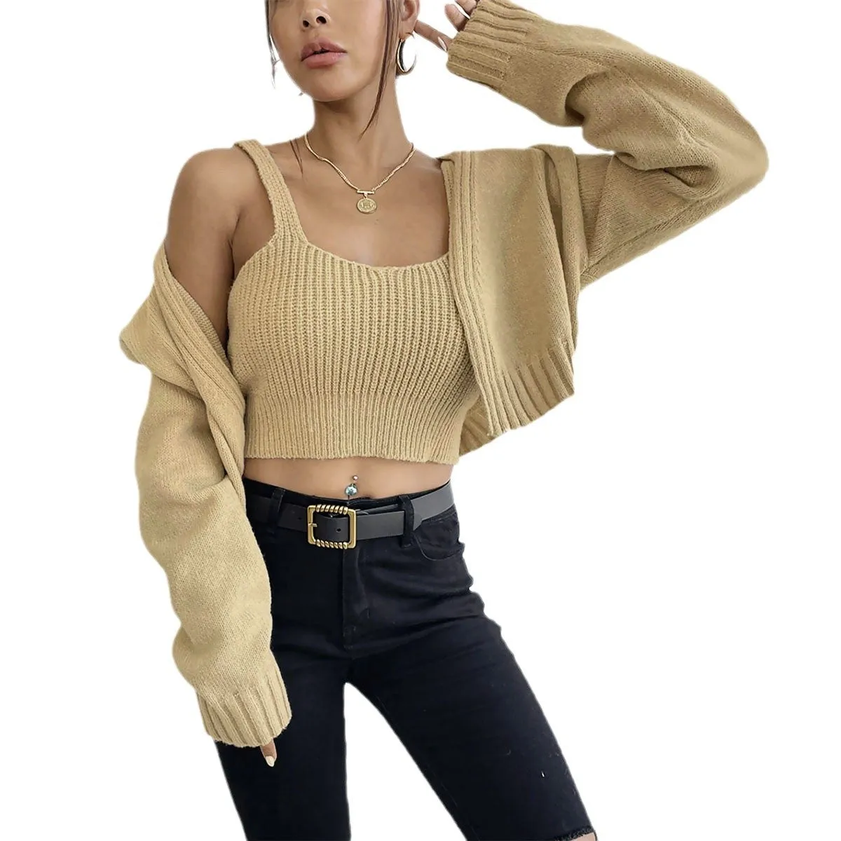 Flytonnshop business casual outfits Short Sweater Coat Wild Wind Sling Suit Thick Soft Navel Sling Small Sweater Two-Piece Set