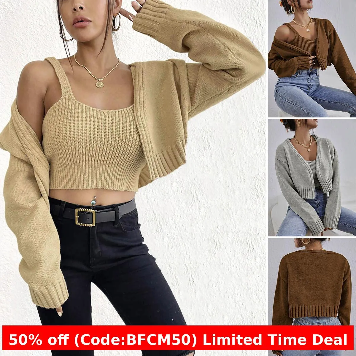 Flytonnshop business casual outfits Short Sweater Coat Wild Wind Sling Suit Thick Soft Navel Sling Small Sweater Two-Piece Set