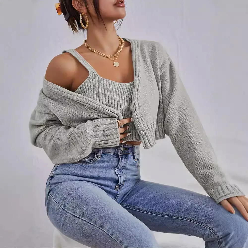 Flytonnshop business casual outfits Short Sweater Coat Wild Wind Sling Suit Thick Soft Navel Sling Small Sweater Two-Piece Set