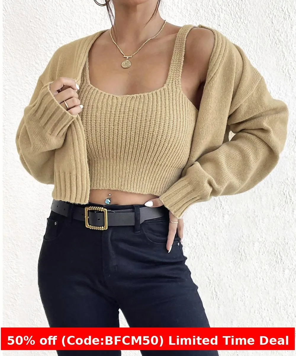 Flytonnshop business casual outfits Short Sweater Coat Wild Wind Sling Suit Thick Soft Navel Sling Small Sweater Two-Piece Set