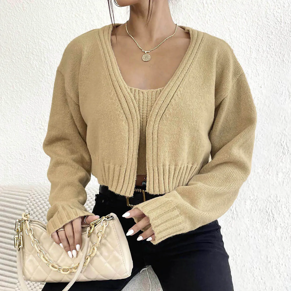 Flytonnshop business casual outfits Short Sweater Coat Wild Wind Sling Suit Thick Soft Navel Sling Small Sweater Two-Piece Set