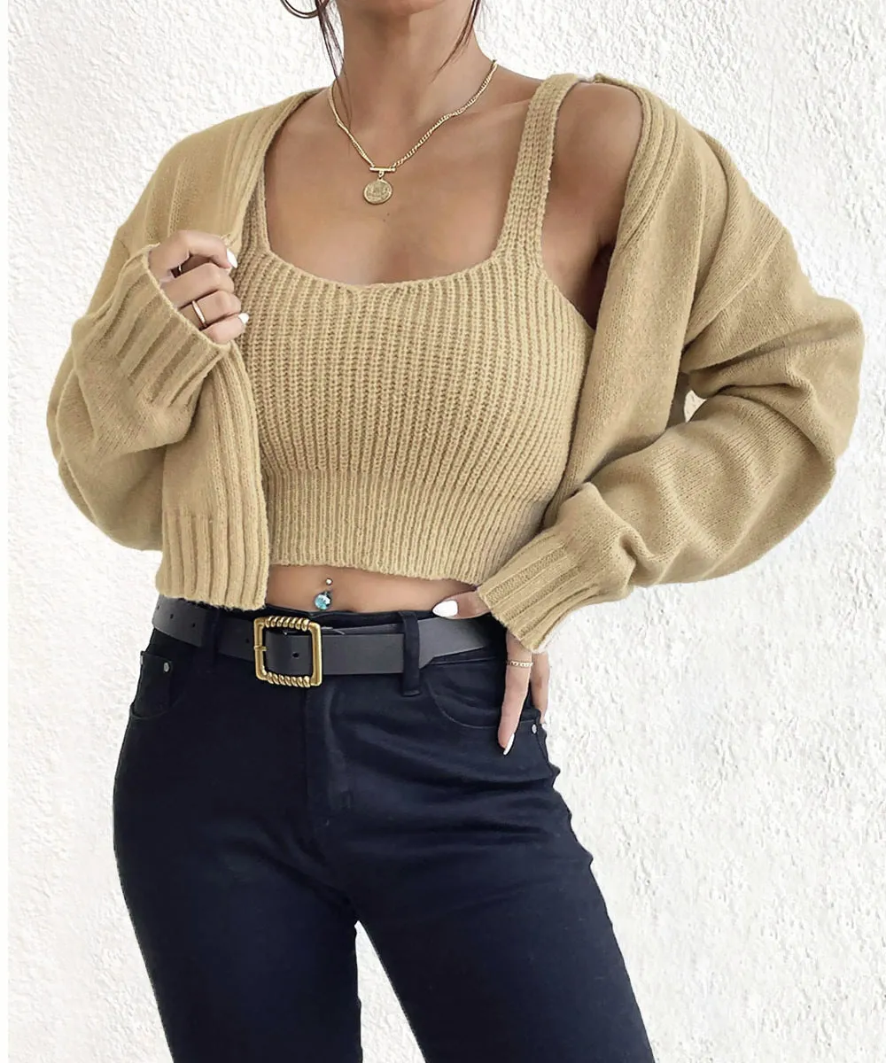 Flytonnshop business casual outfits Short Sweater Coat Wild Wind Sling Suit Thick Soft Navel Sling Small Sweater Two-Piece Set