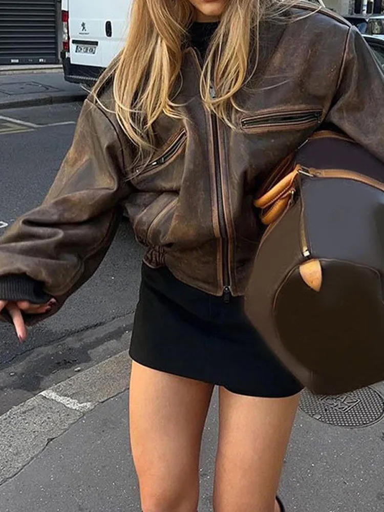 Girlary-shop 2000s fashion New Loose Retro American Coat Brown Lapel Short Motorcycle Jacket Casual Street Leather Coat