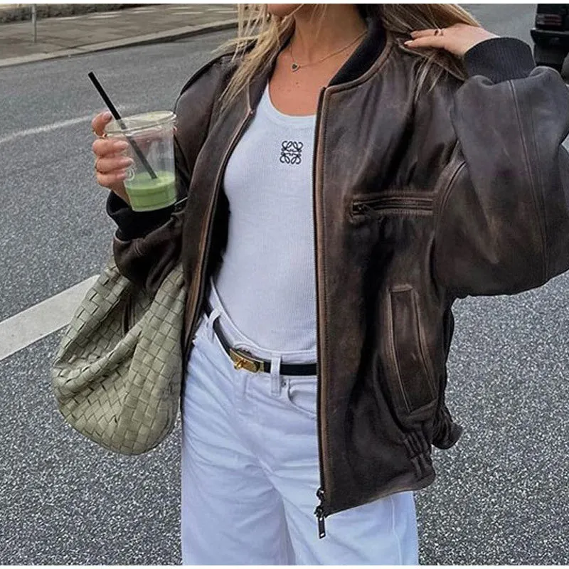 Girlary-shop 2000s fashion New Loose Retro American Coat Brown Lapel Short Motorcycle Jacket Casual Street Leather Coat