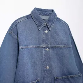 Girlary-shop clothes Fall 2024 Women's Loose Blue Pocket Fashion Casual Denim Shirt Top Coat