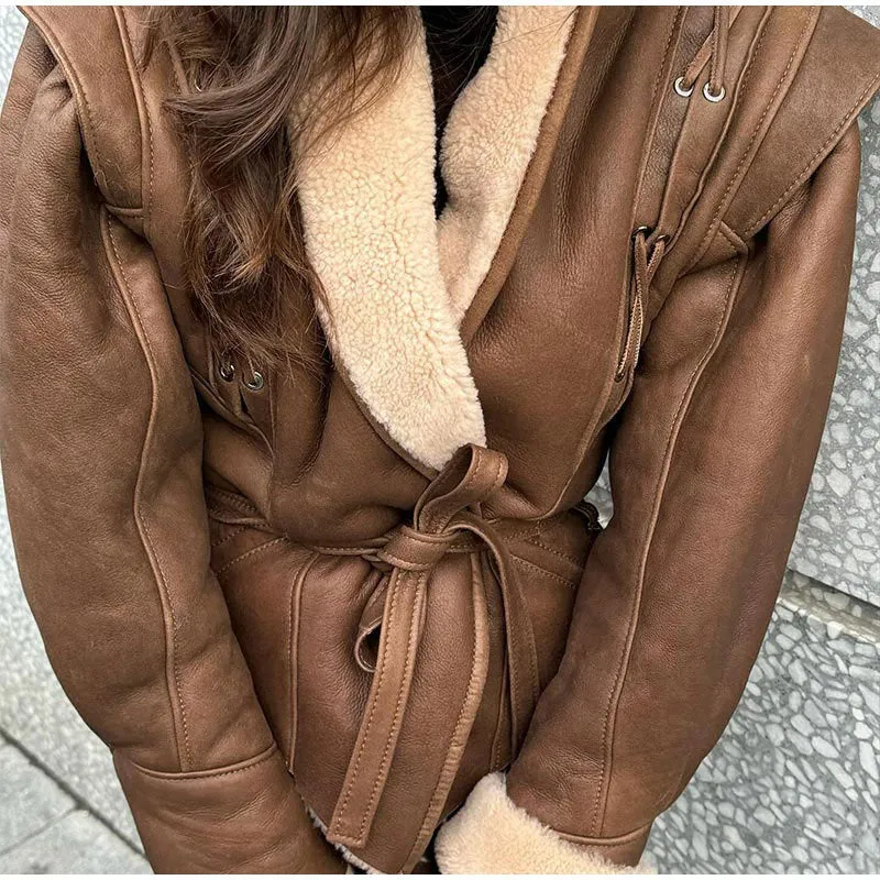 Girlary-shop fall fashion Suede Leather Jacket Lace-up Coat 2024 Fashionable Retro Women's Autumn and Winter Short Warm Coat