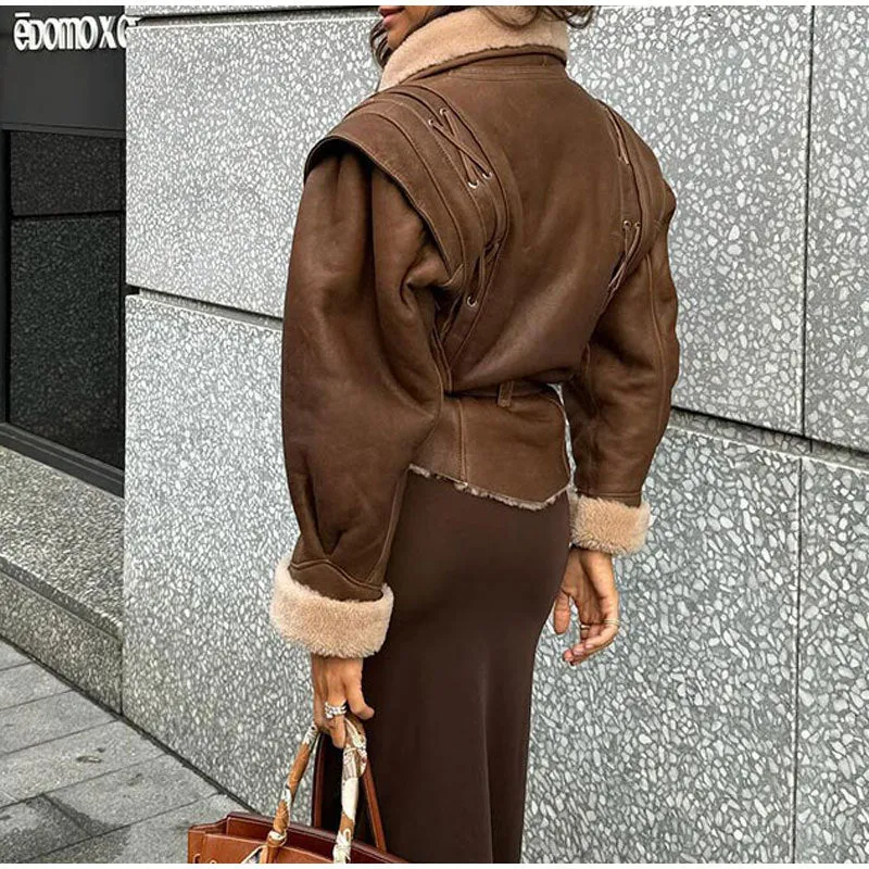 Girlary-shop fall fashion Suede Leather Jacket Lace-up Coat 2024 Fashionable Retro Women's Autumn and Winter Short Warm Coat