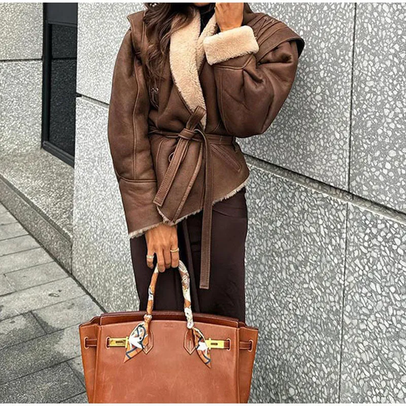 Girlary-shop fall fashion Suede Leather Jacket Lace-up Coat 2024 Fashionable Retro Women's Autumn and Winter Short Warm Coat