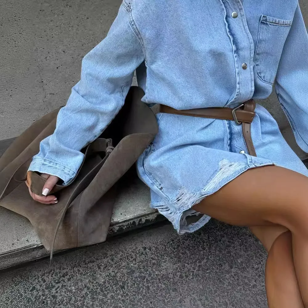 Girlary-shop fashion outfits Washed Blue Loose Shirt Autumn Women's Outer Wear Casual Mid-Length Versatile Retro Denim Coat