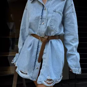 Girlary-shop fashion outfits Washed Blue Loose Shirt Autumn Women's Outer Wear Casual Mid-Length Versatile Retro Denim Coat