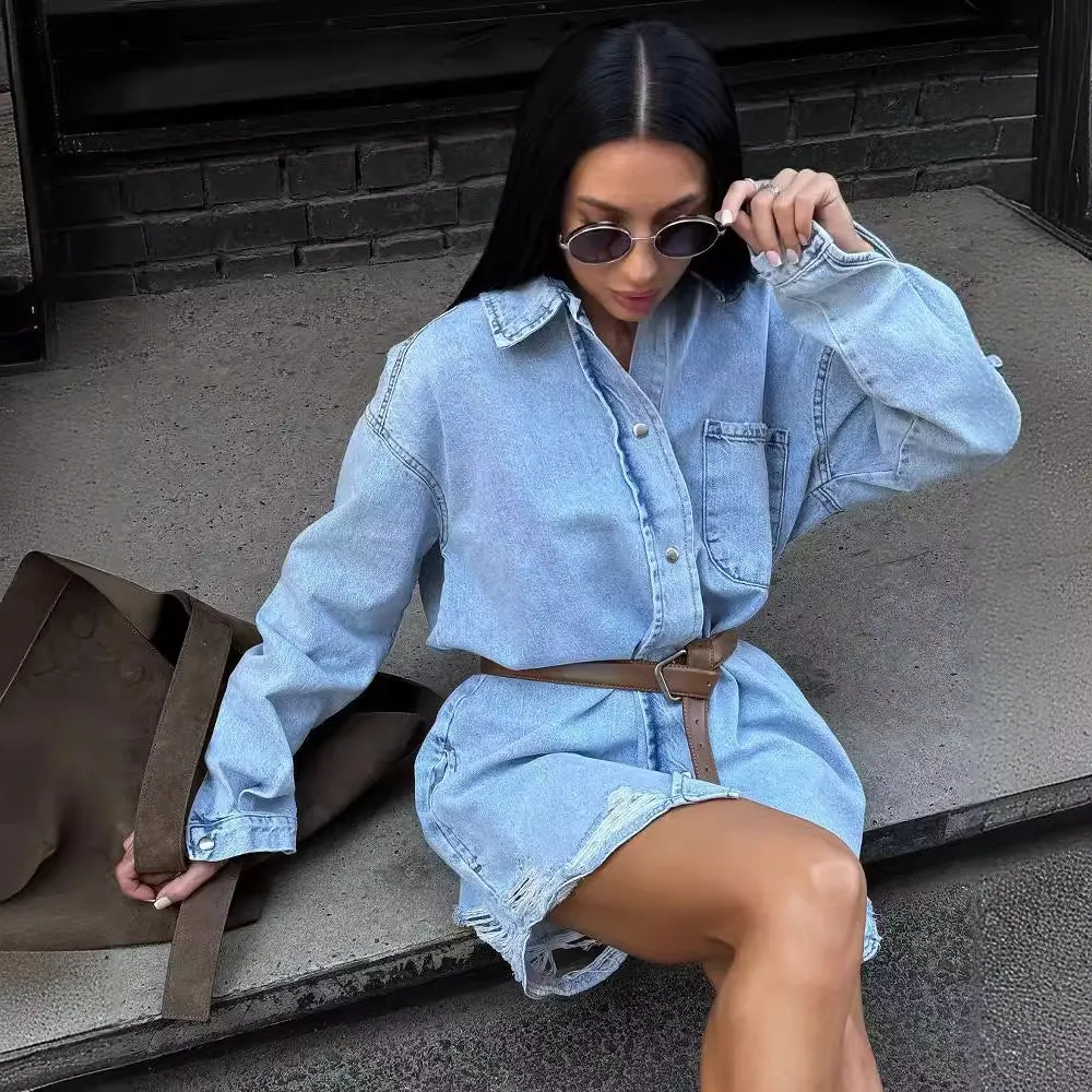 Girlary-shop fashion outfits Washed Blue Loose Shirt Autumn Women's Outer Wear Casual Mid-Length Versatile Retro Denim Coat