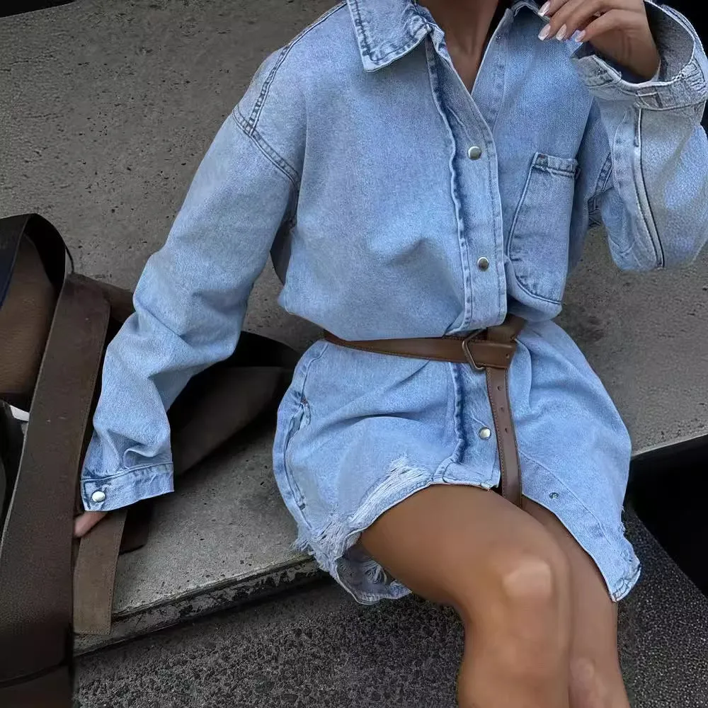 Girlary-shop fashion outfits Washed Blue Loose Shirt Autumn Women's Outer Wear Casual Mid-Length Versatile Retro Denim Coat