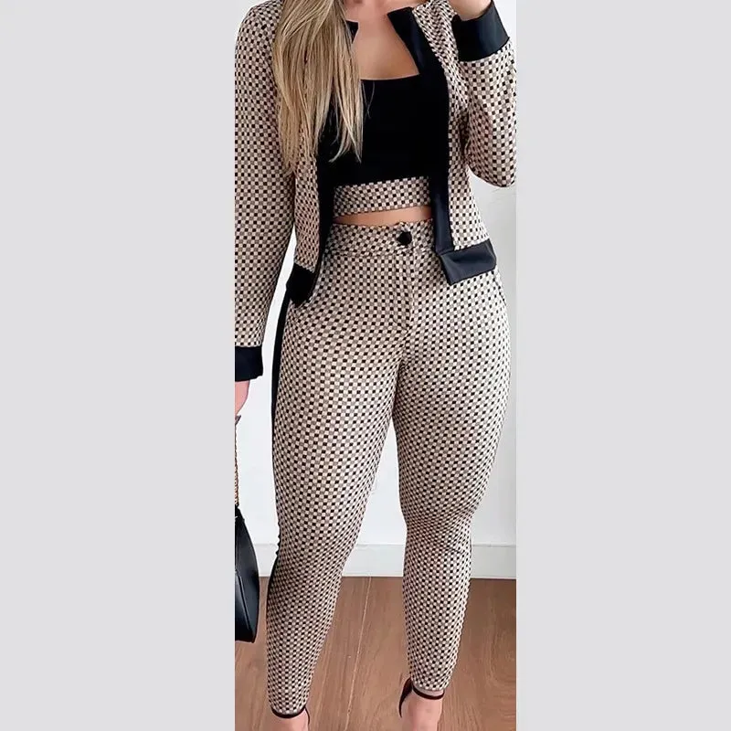 Girlie Houndstooth Stripe Printed Vest Jacket Tight Pants Three-Piece Set