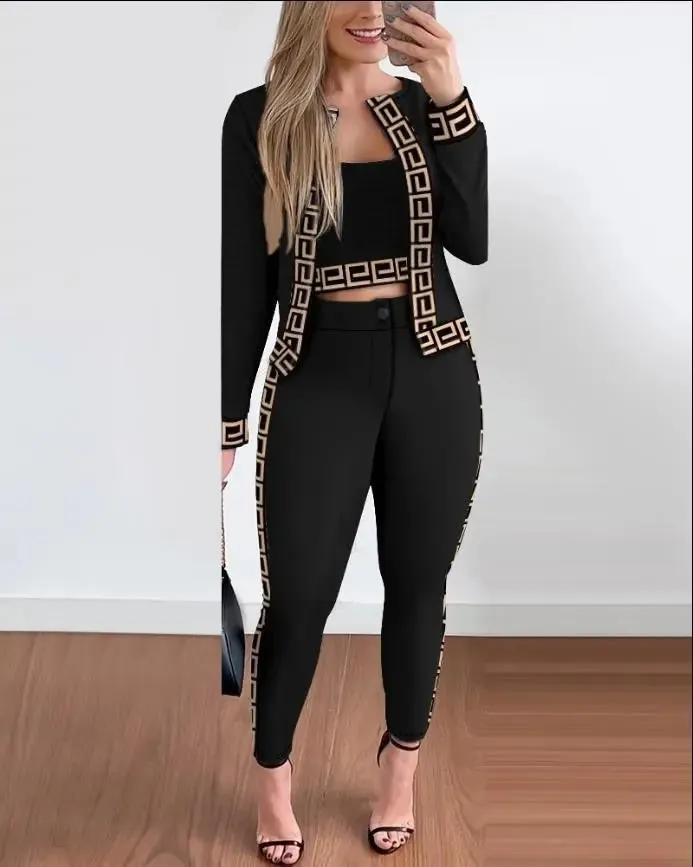 Girlie Houndstooth Stripe Printed Vest Jacket Tight Pants Three-Piece Set