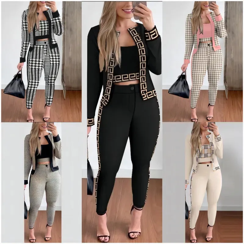 Girlie Houndstooth Stripe Printed Vest Jacket Tight Pants Three-Piece Set