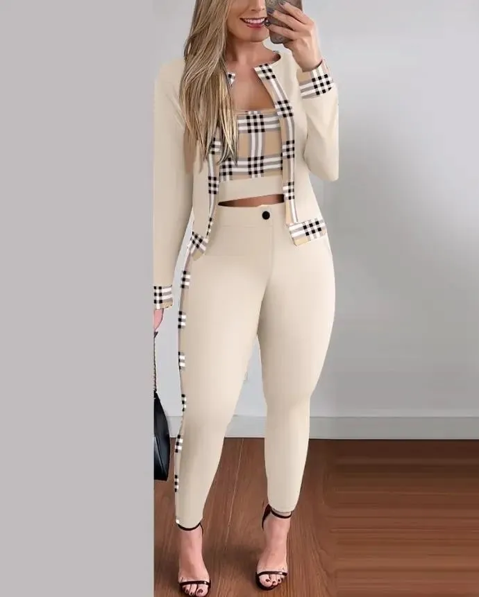 Girlie Houndstooth Stripe Printed Vest Jacket Tight Pants Three-Piece Set