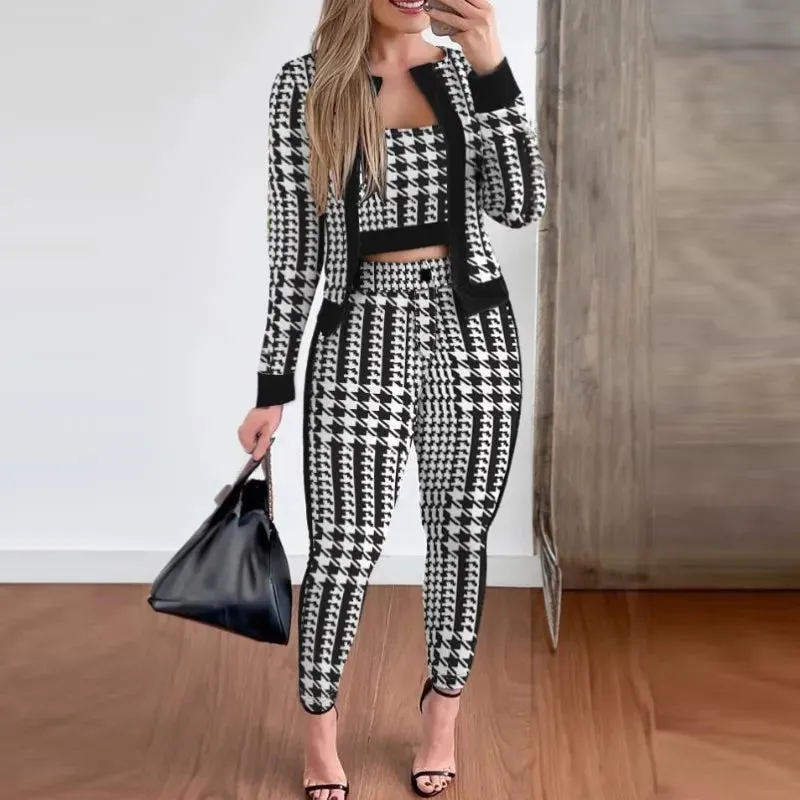 Girlie Houndstooth Stripe Printed Vest Jacket Tight Pants Three-Piece Set