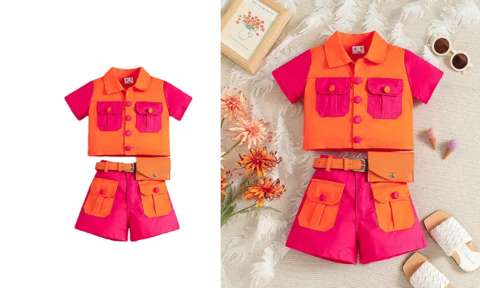 Girls' Western Style Summer Cardigan & Shorts Set With Waist Bag