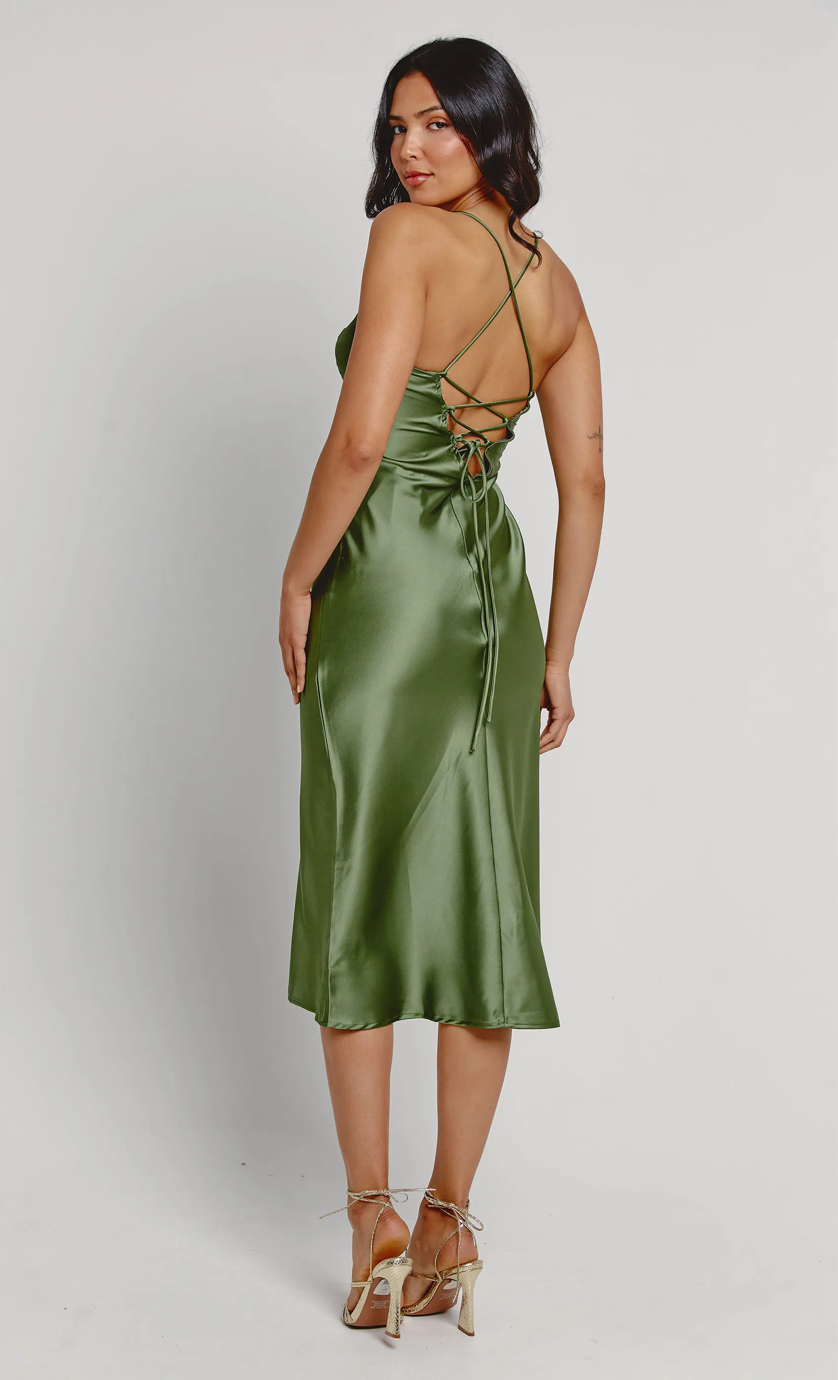 Green Lace Up Cup Detail Slip Dress