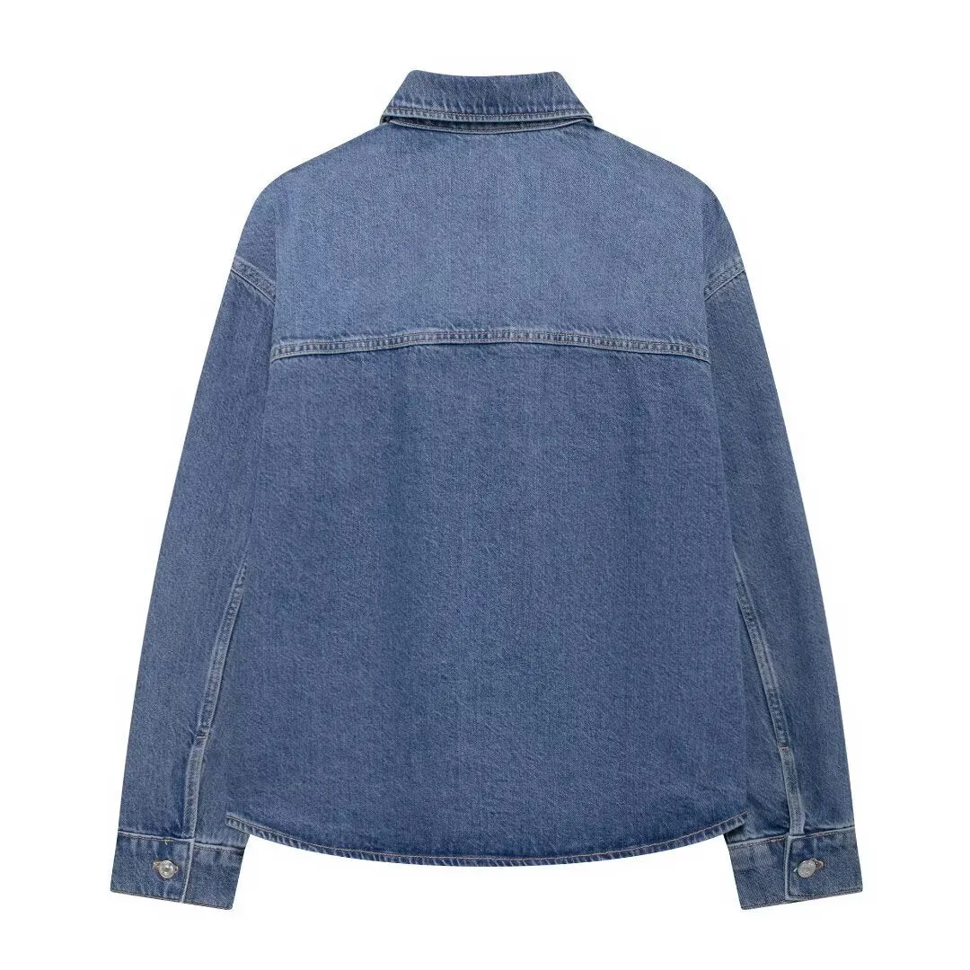 Hnzxzm clothes Fall 2024 Women's Loose Blue Pocket Fashion Casual Denim Shirt Top Coat