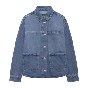 Hnzxzm clothes Fall 2024 Women's Loose Blue Pocket Fashion Casual Denim Shirt Top Coat