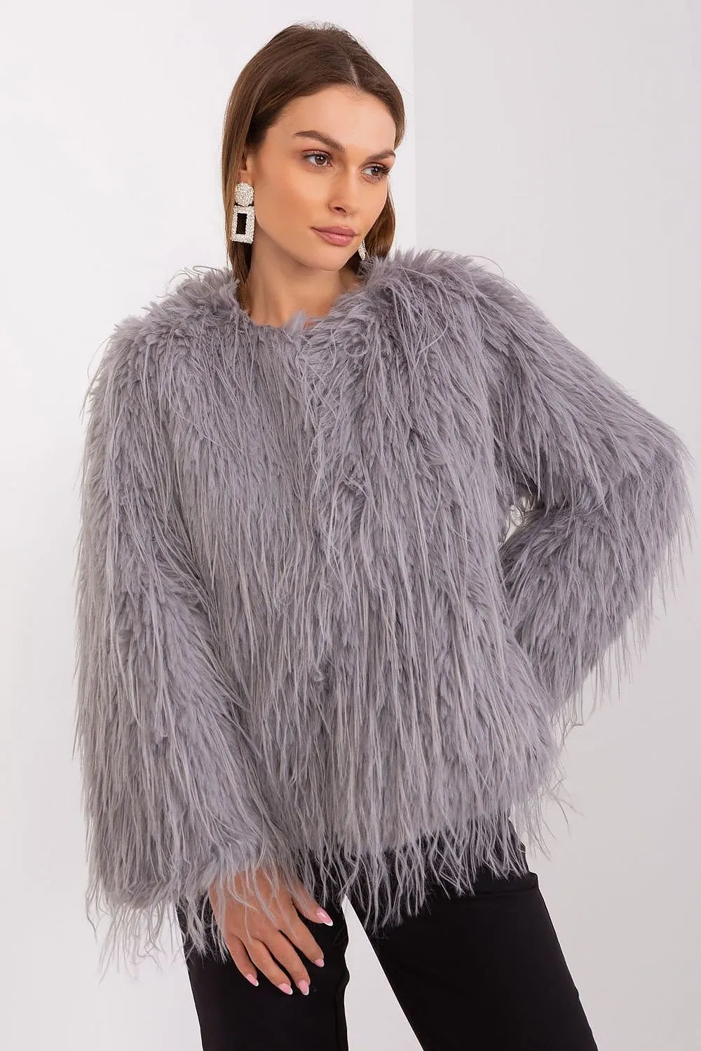 Hook Closure Furry Long Sleeve Jacket