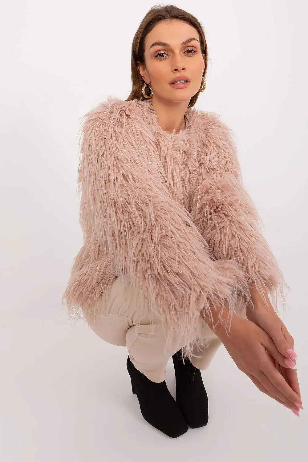 Hook Closure Furry Long Sleeve Jacket