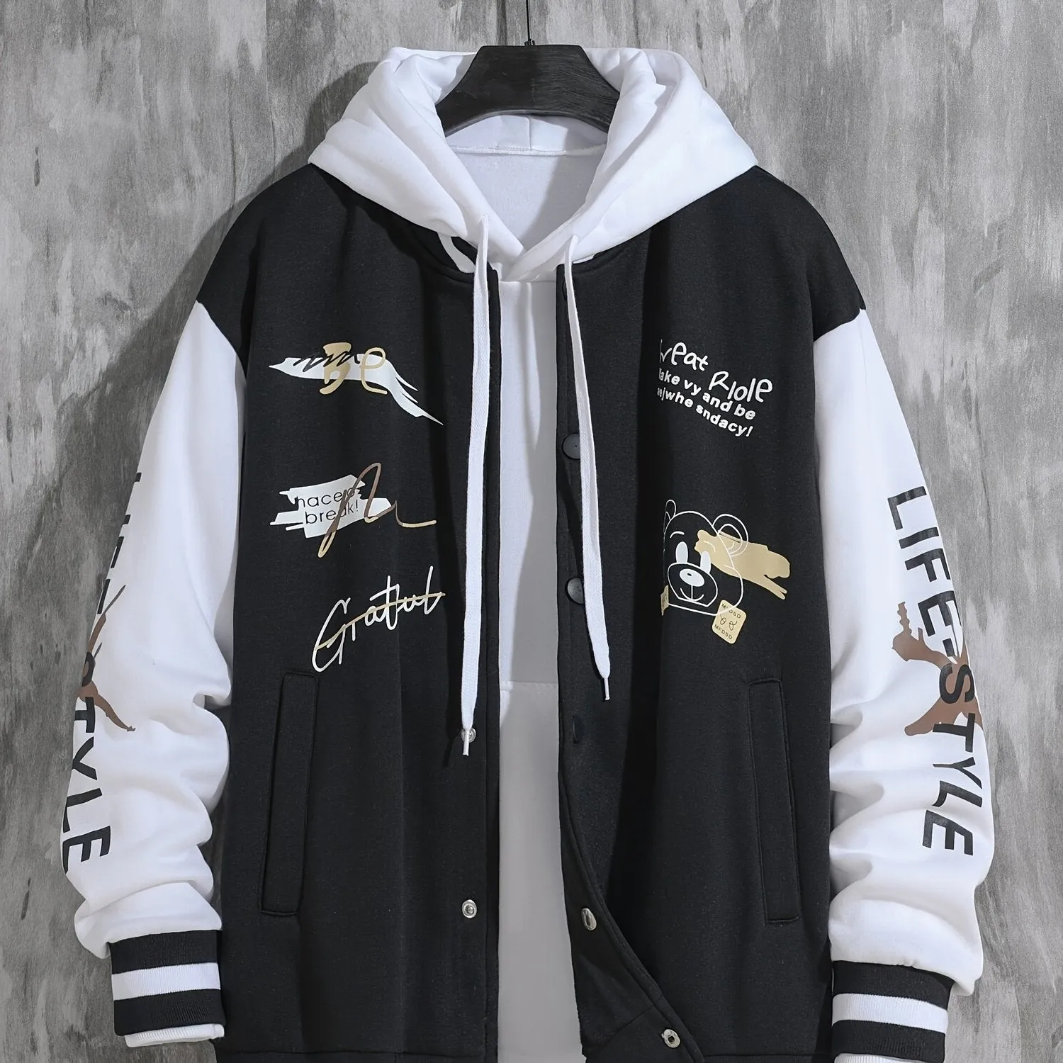 Ilooove - Letter Print Varsity Jacket, Men's Casual Baseball Jacket Coat Regular Fit College Hipster Windbreaker For Spring Autumn