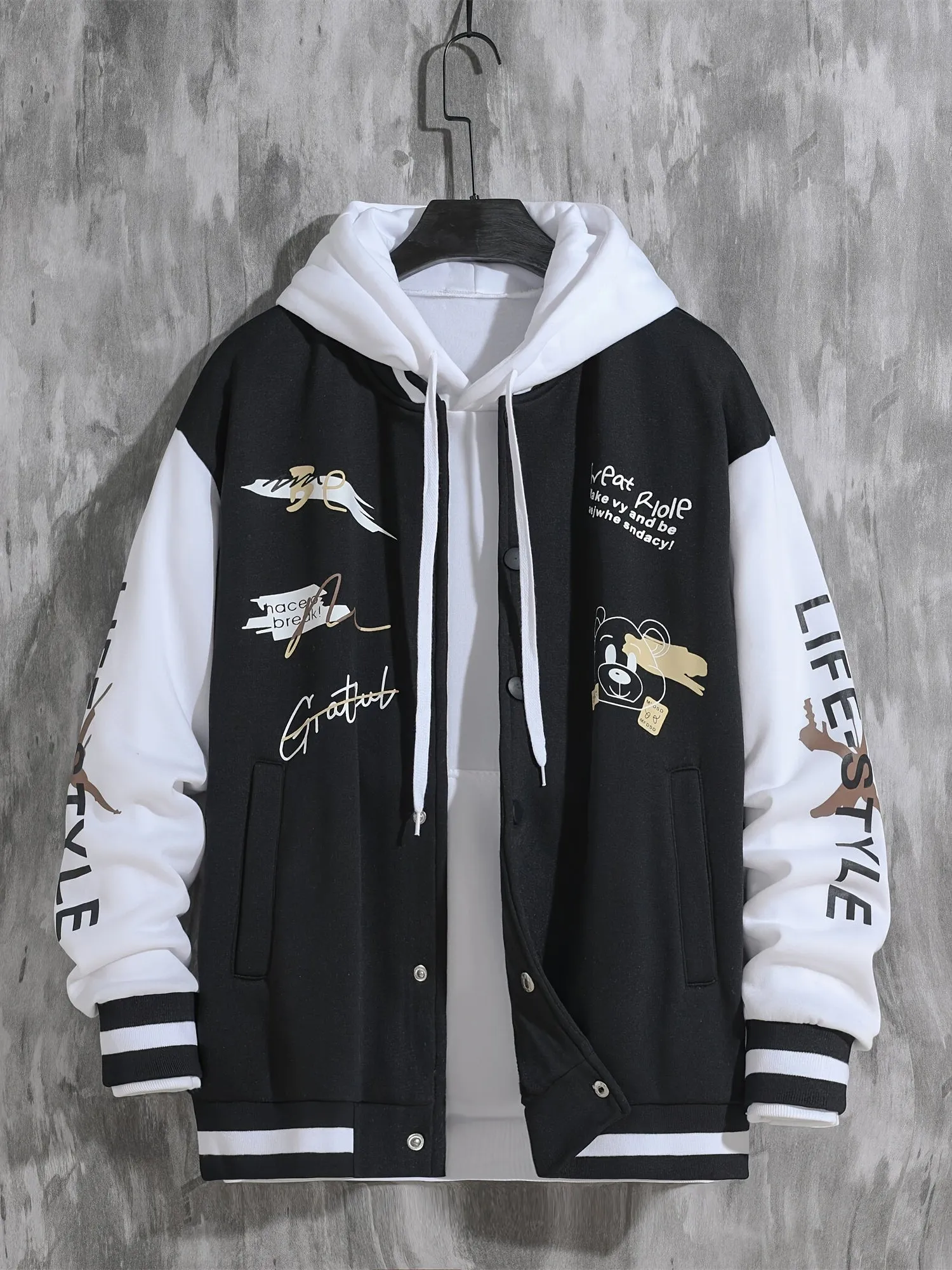 Ilooove - Letter Print Varsity Jacket, Men's Casual Baseball Jacket Coat Regular Fit College Hipster Windbreaker For Spring Autumn