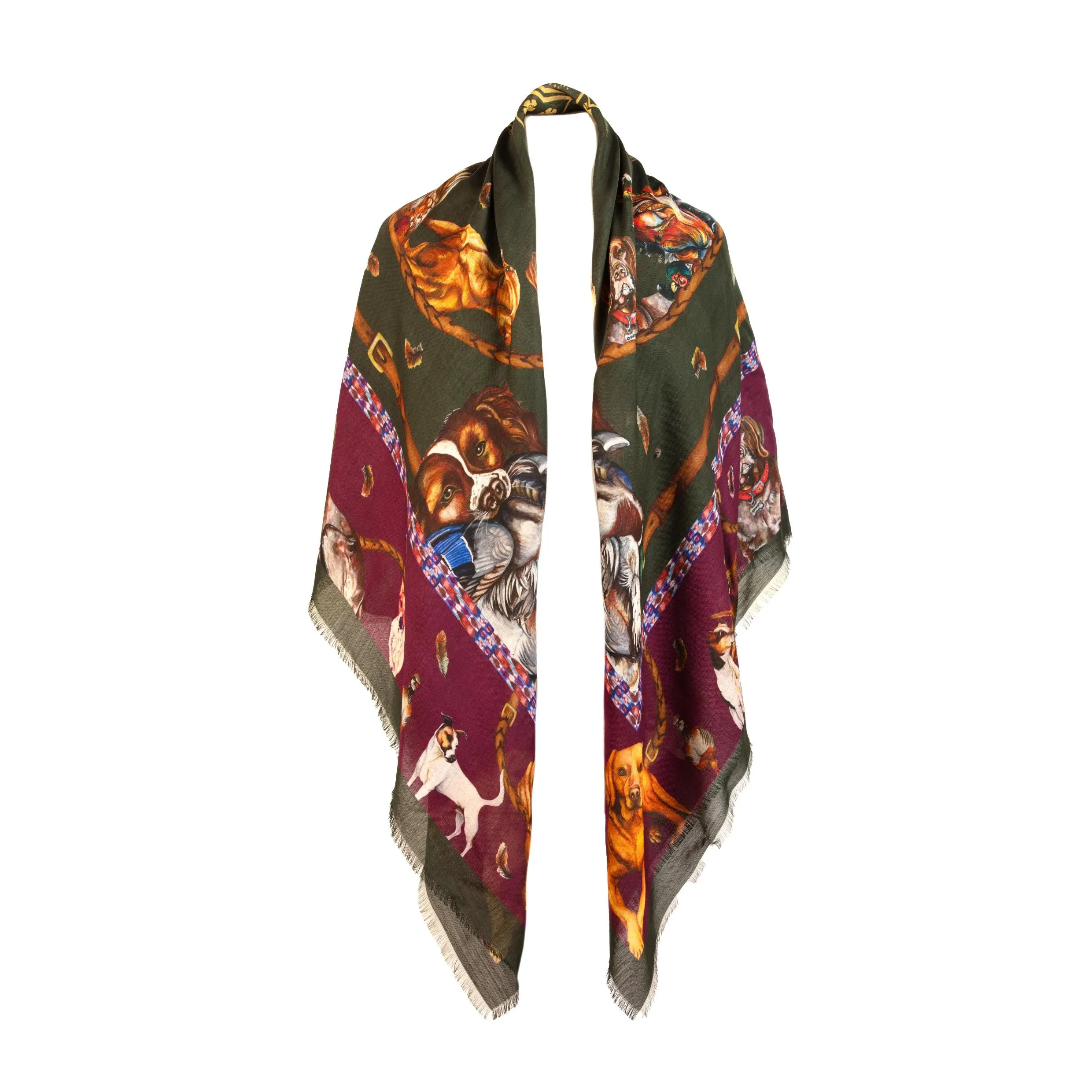 It’s A Dogs Life Hunter Green & Oxblood Red Wool Silk Shawl