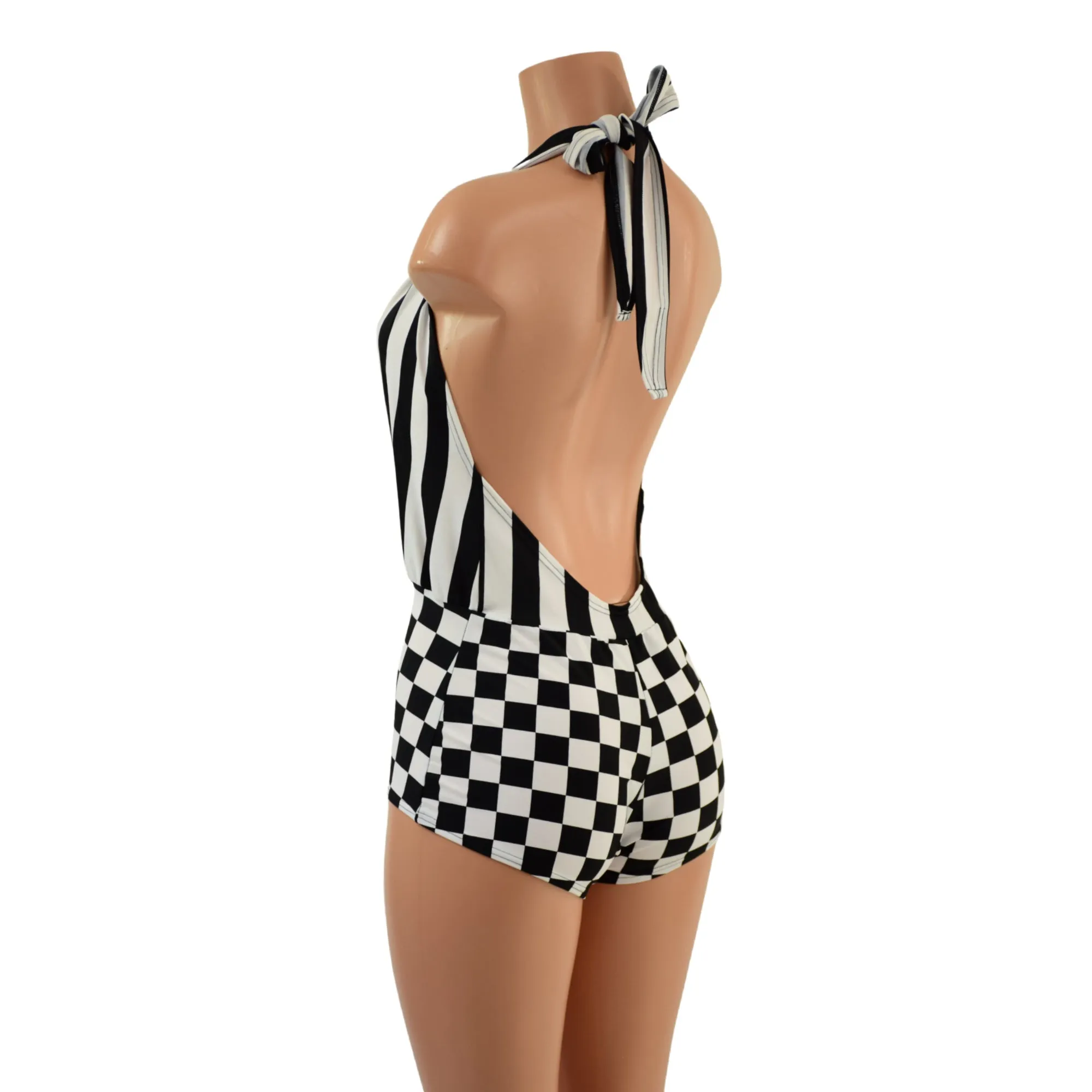 Josie Romper in Black and White Checkered and Stripes