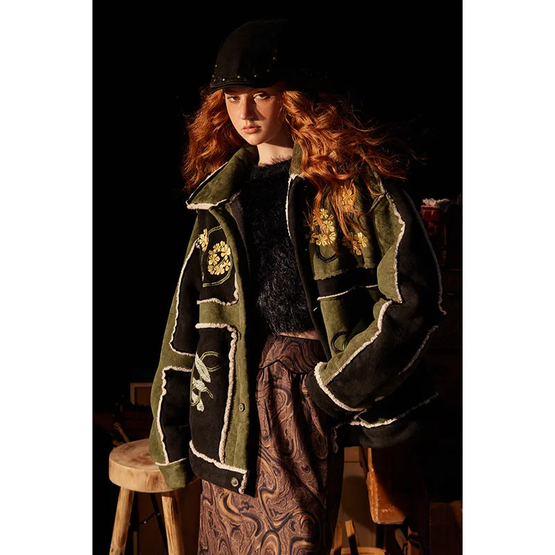 Joskaa 2000s fashion American Contrast Color Stitching Suede Floral Embroidered Lapel Lamb Wool Cotton-Padded Coat Thickened Warm Cotton-Padded Coat