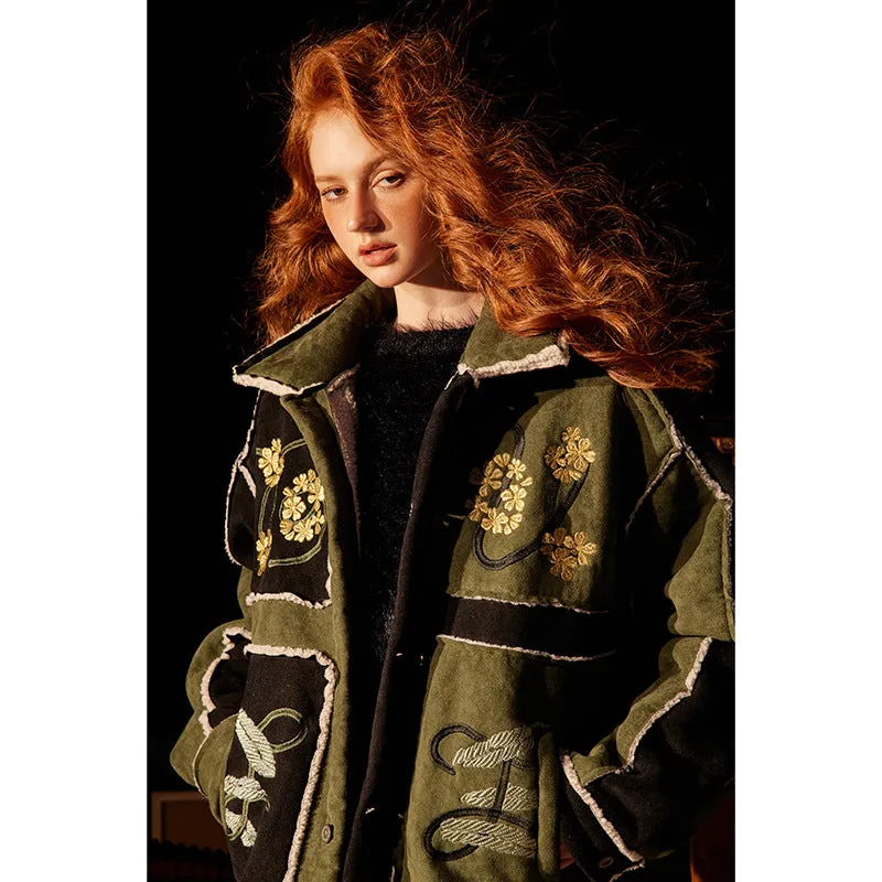 Joskaa 2000s fashion American Contrast Color Stitching Suede Floral Embroidered Lapel Lamb Wool Cotton-Padded Coat Thickened Warm Cotton-Padded Coat