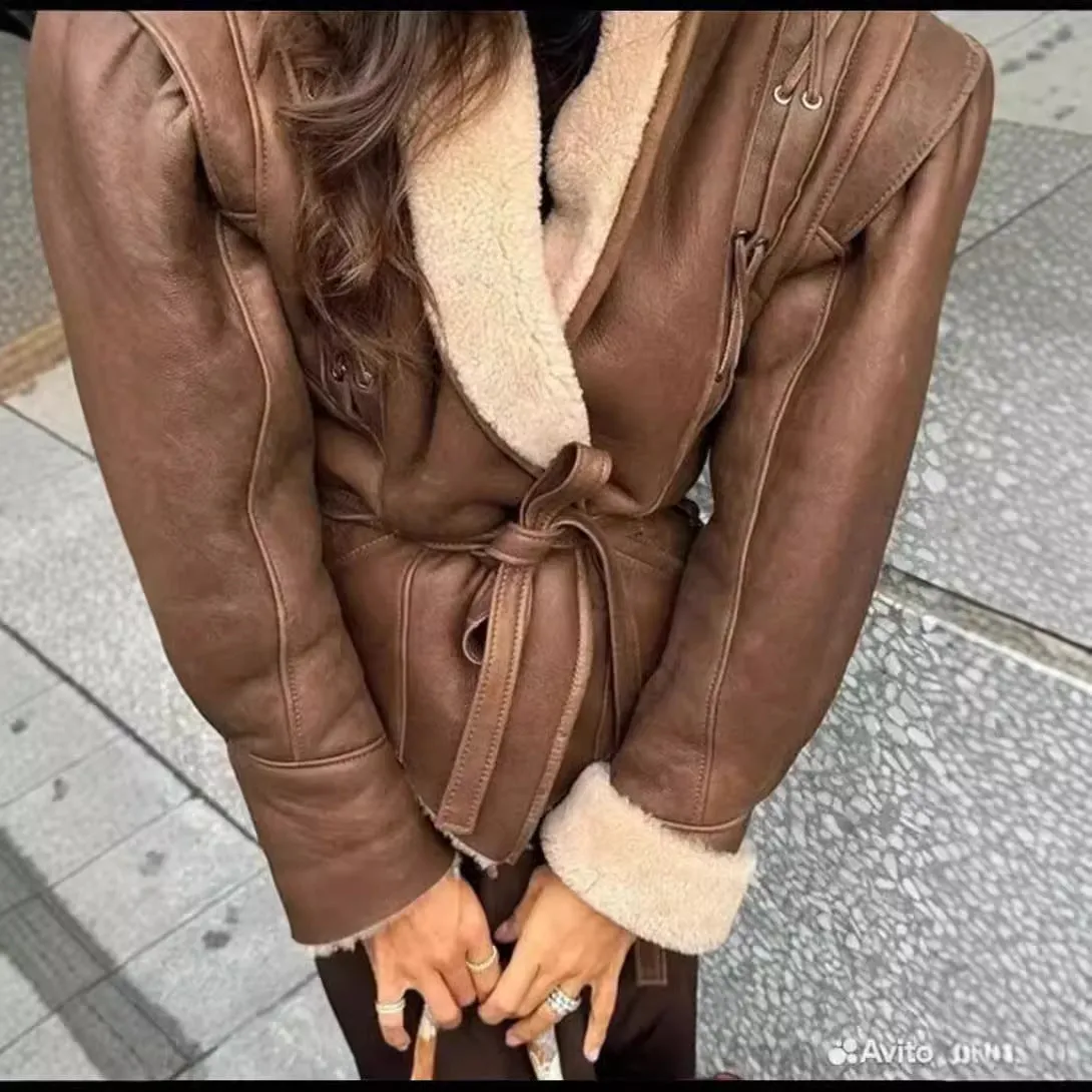 Joskaa cold weather outfits Fashionable Retro Women's Autumn and Winter Short Warm Jacket 2024 Suede Leather Jacket Lace-up Coat