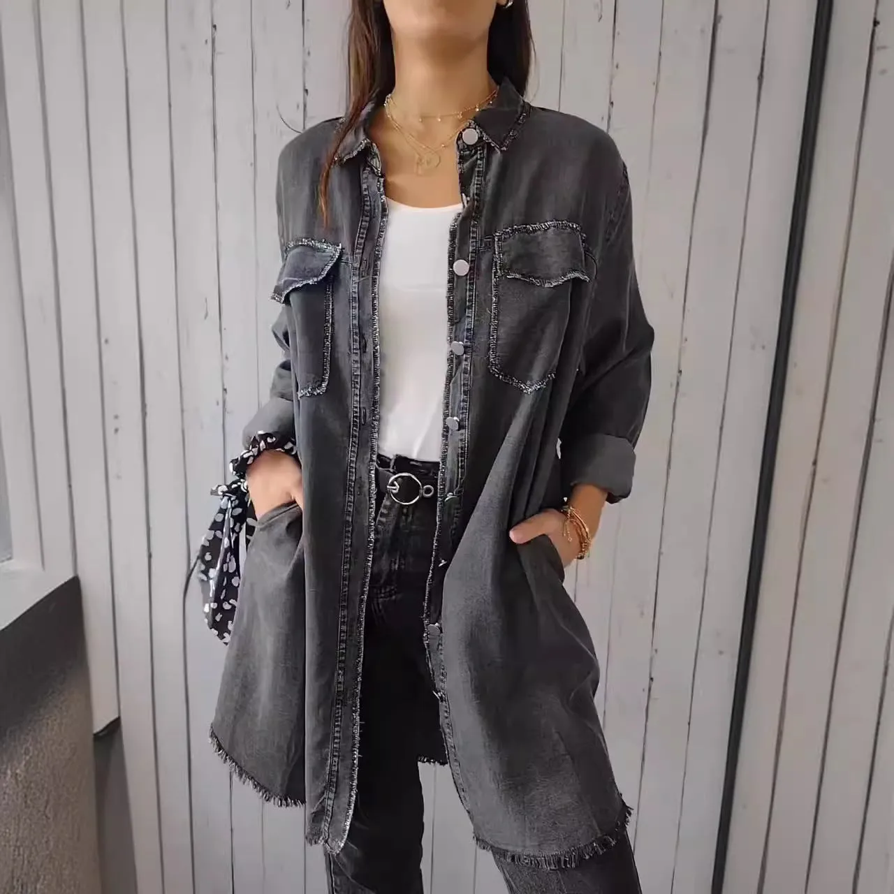 Joskaa concert outfit 2024 Ins Street Style Autumn Fashion Loose Lapel Women's Denim Coat 9771