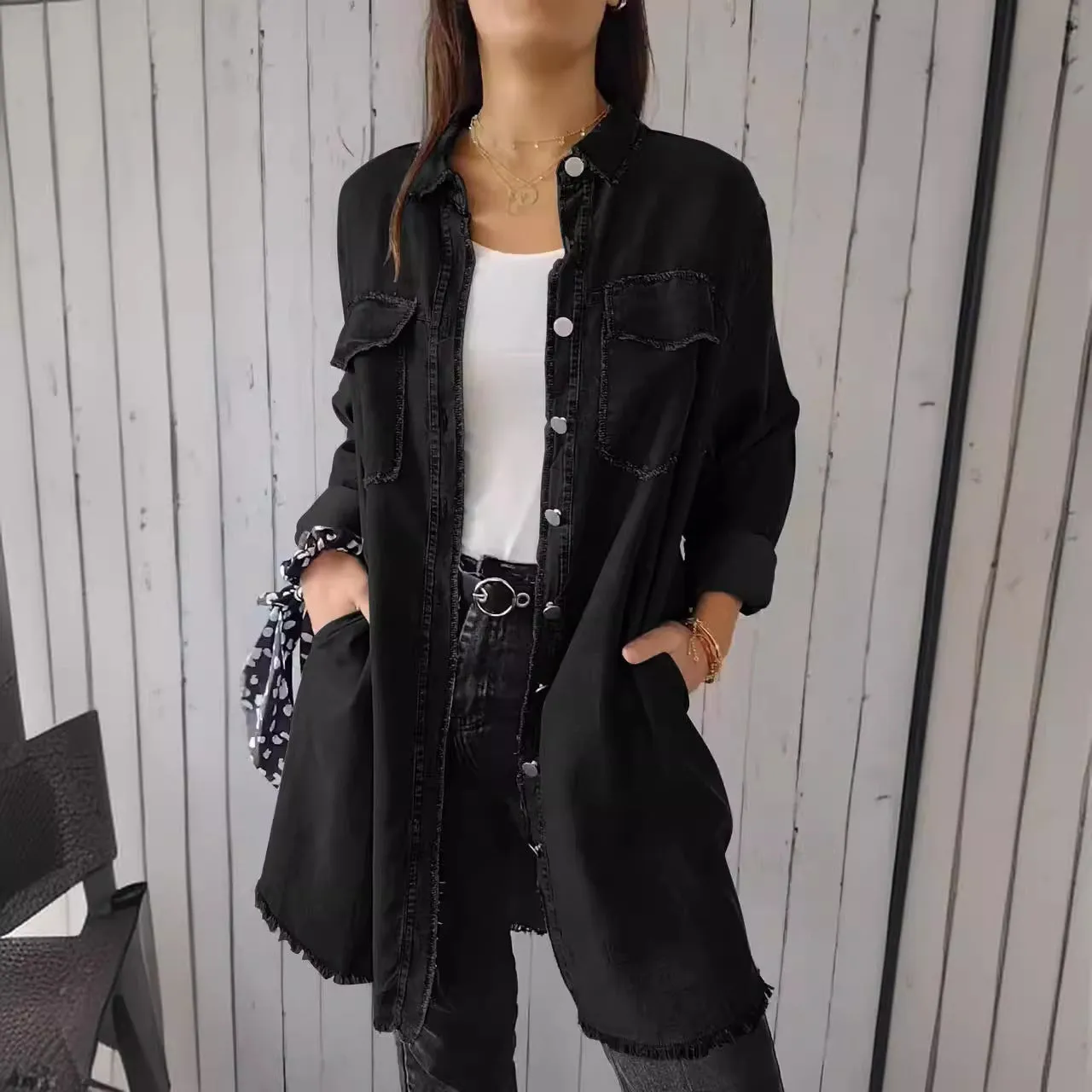 Joskaa concert outfit 2024 Ins Street Style Autumn Fashion Loose Lapel Women's Denim Coat 9771