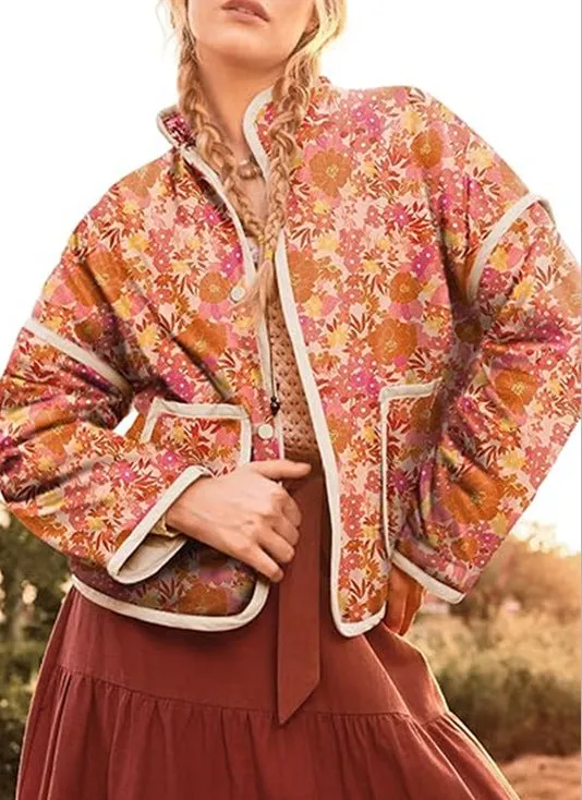 Joskaa frat outfits 2024 Autumn and Winter New Quilted Cotton Printed Contrast Color Women's Cotton Coat