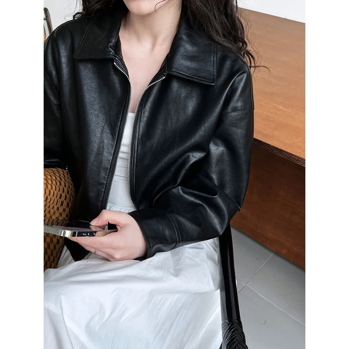 Joskaa frat outfits Luxi Cool Handsome High Sense ~ Lapel Leather Coat Women's Spring and Autumn Hong Kong Style PU Leather Jacket Motorcycle Top Trendy 9595