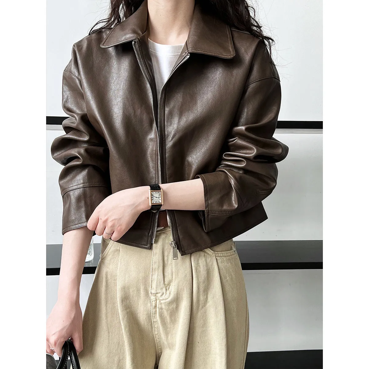 Joskaa frat outfits Luxi Cool Handsome High Sense ~ Lapel Leather Coat Women's Spring and Autumn Hong Kong Style PU Leather Jacket Motorcycle Top Trendy 9595