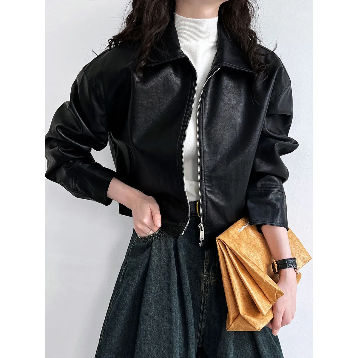 Joskaa frat outfits Luxi Cool Handsome High Sense ~ Lapel Leather Coat Women's Spring and Autumn Hong Kong Style PU Leather Jacket Motorcycle Top Trendy 9595