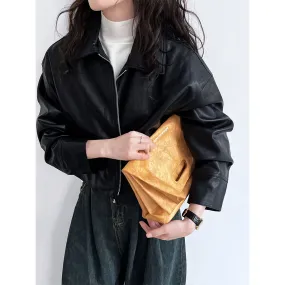 Joskaa frat outfits Luxi Cool Handsome High Sense ~ Lapel Leather Coat Women's Spring and Autumn Hong Kong Style PU Leather Jacket Motorcycle Top Trendy 9595