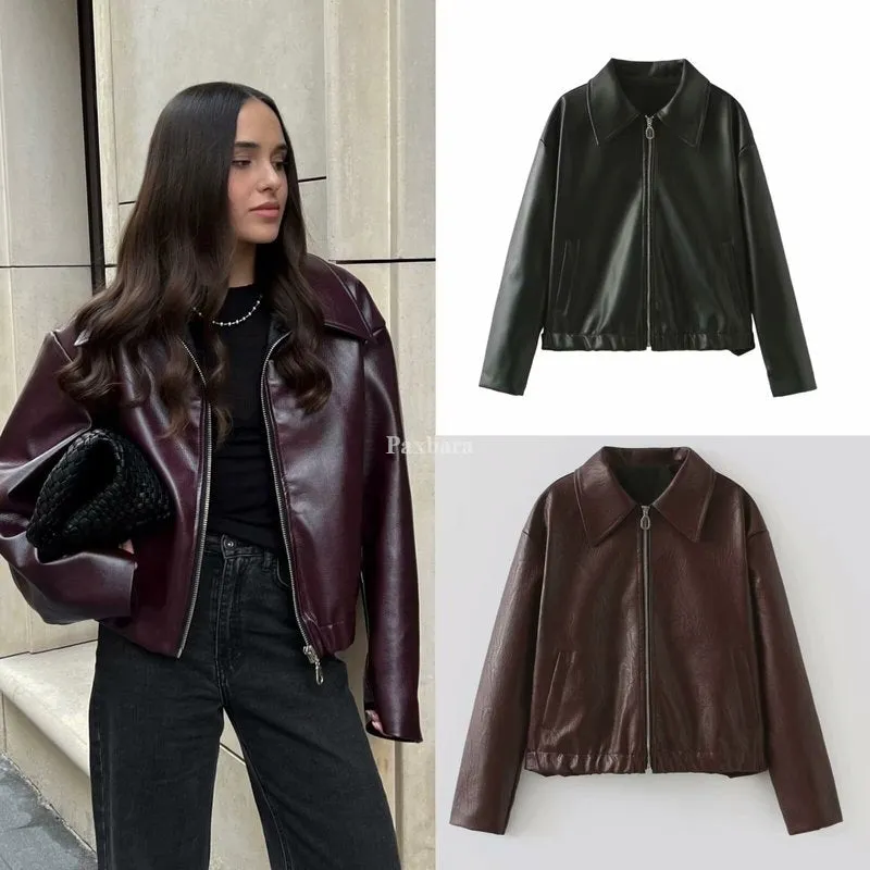 Joskaa harajuku fashion dress to impress Women's Retro Lapel Zipper Leather Jacket American Casual Leather Coat Women