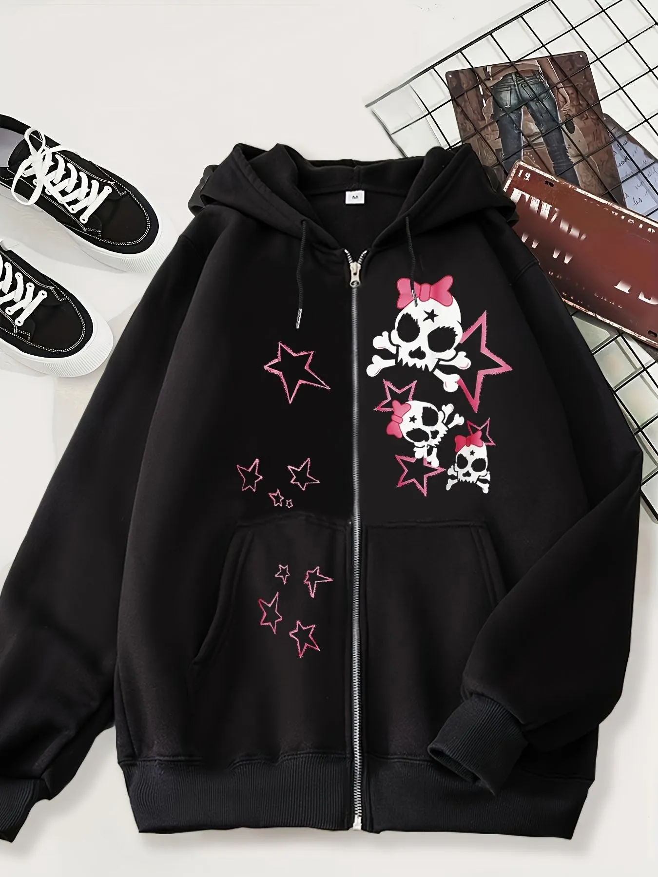 Joskaa hipster 2024 New Cardigan Sweater Dark Skull Casual American Zipper Men's Style Hoodie Black Trendy Black Coat