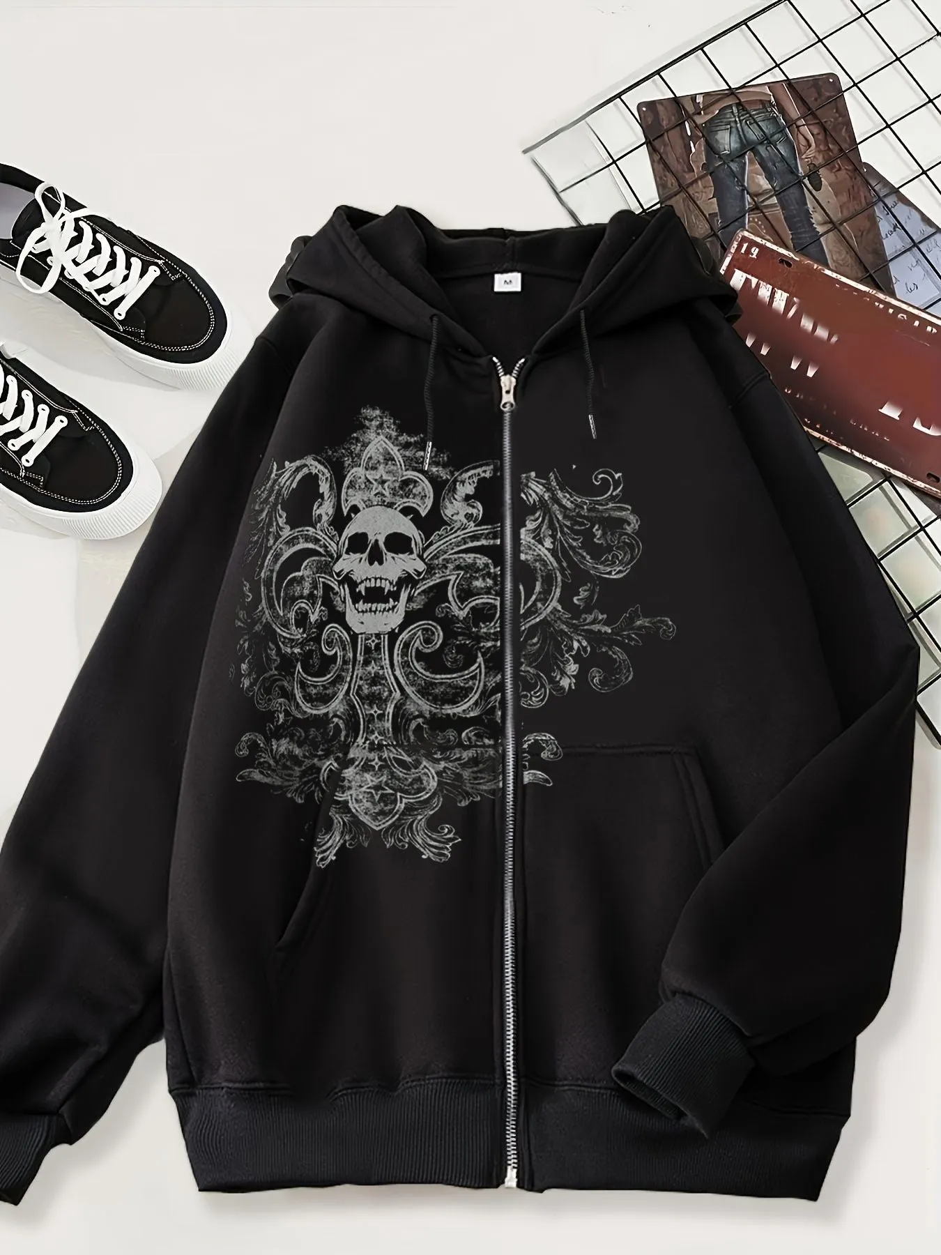 Joskaa hipster 2024 New Cardigan Sweater Dark Skull Casual American Zipper Men's Style Hoodie Black Trendy Black Coat